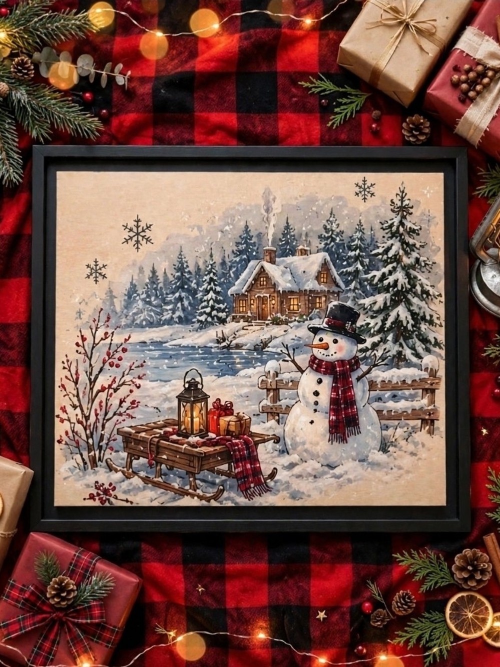 Snowman Winter Cabin Holiday Wall Art Print 16x12 Framed New